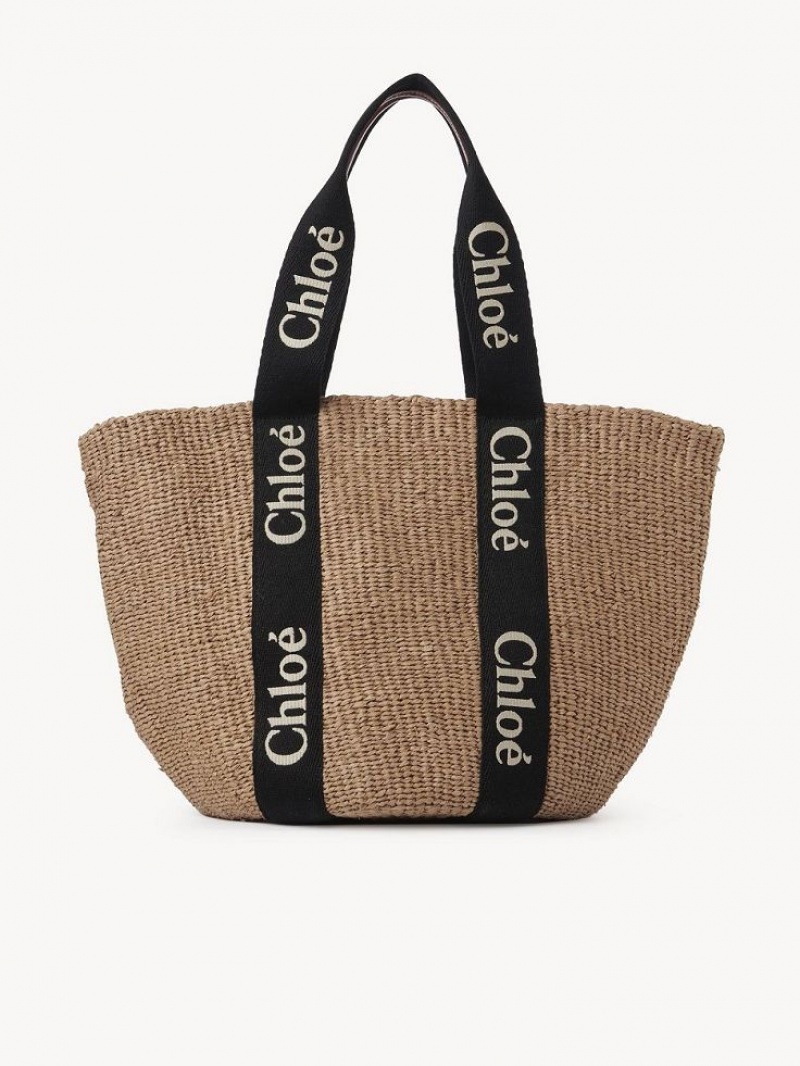 BLACK - BEIGE 1 Chloe Large Woody Basket Tote Bags | CHE-SR13333
